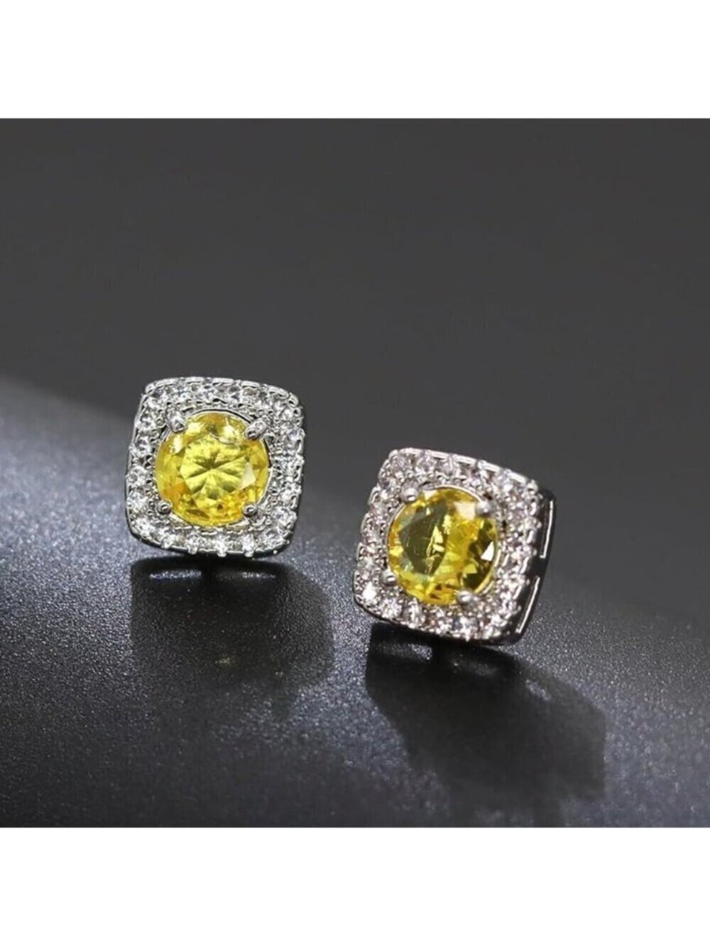 Women's Yellow Square Simulated Dainty Diamond Halo Sparkling Stud Earring